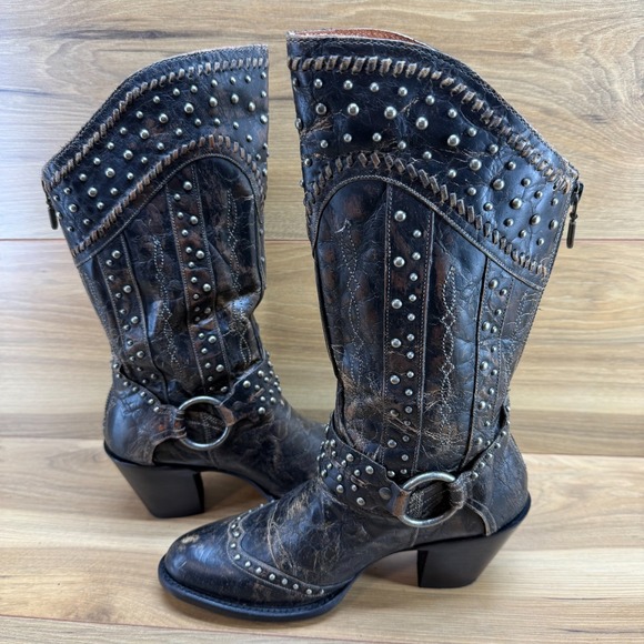 DAN POST Sexy Back Harness Boots 6.5 M Distressed Black Brown Studded Heeled - Picture 6 of 11